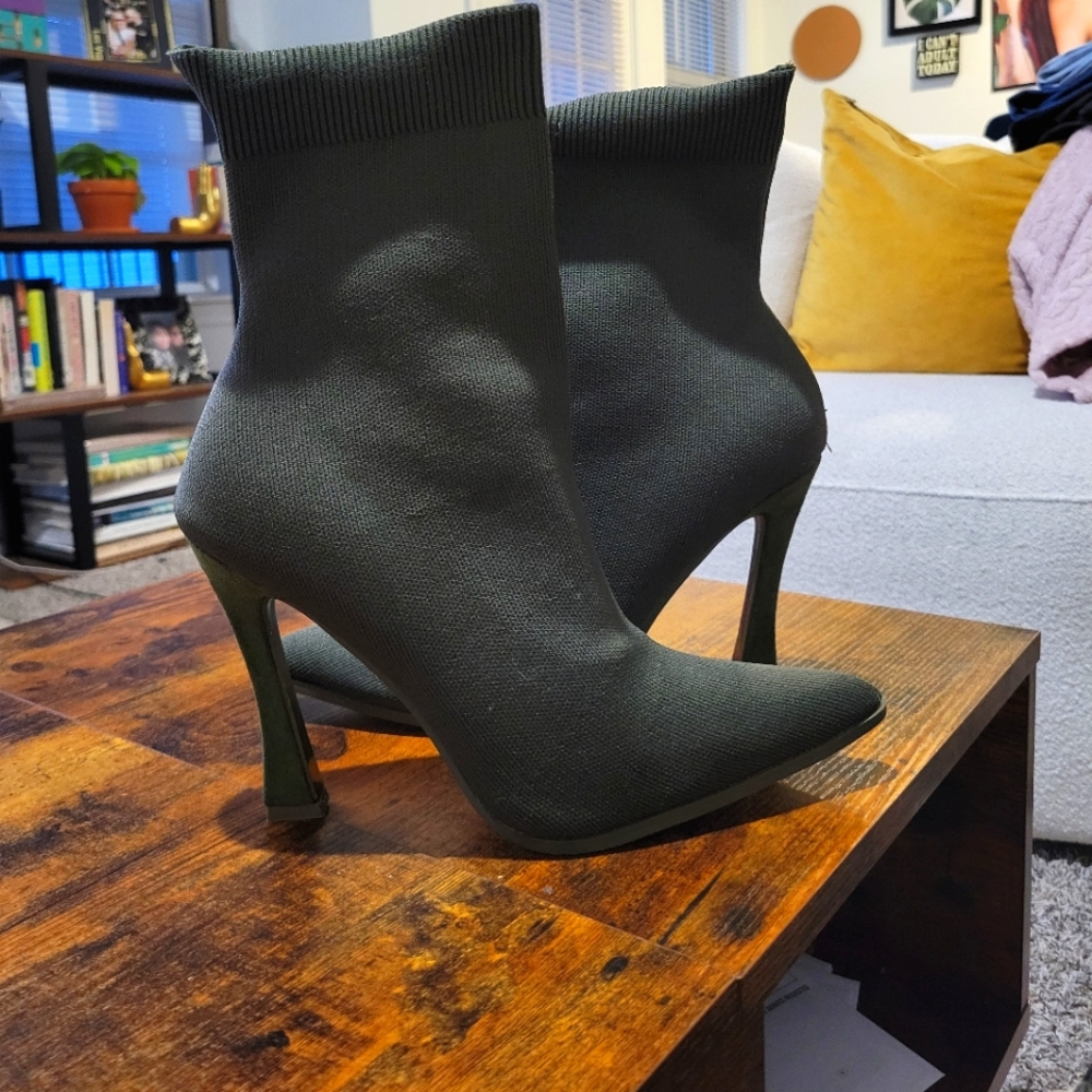 Brand new in box. Fashion Nova Sock Booties. Olive green. Size 9. Trendy.